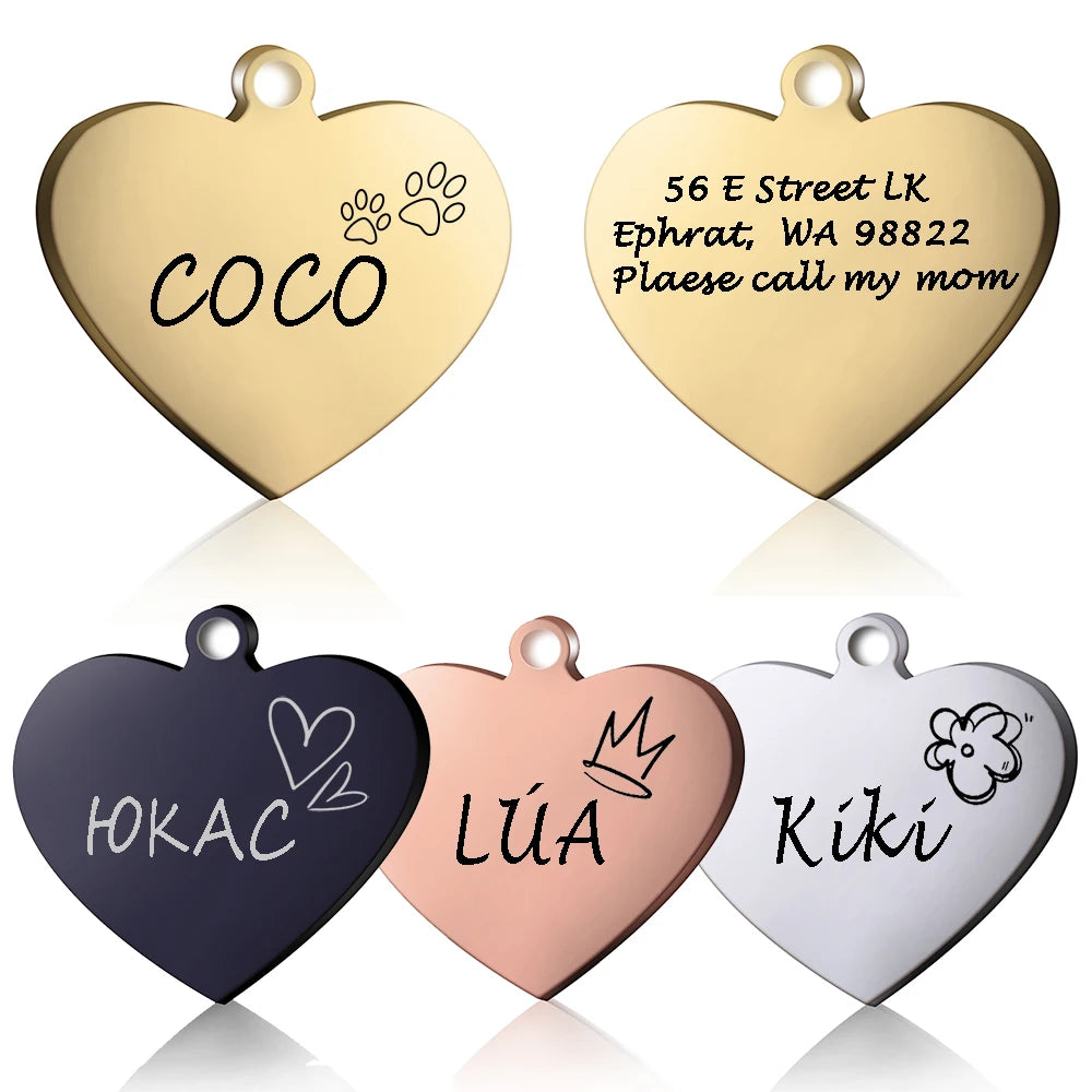 Custom Heart Dog ID Tag - Personalized Engraved Pet Charm