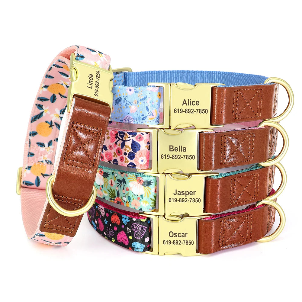 Custom Engraved Adjustable Dog Collar - Flower Print for All Sizes