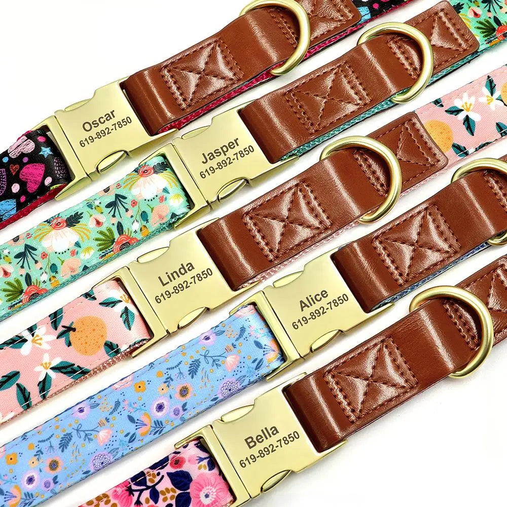 Custom Engraved Adjustable Dog Collar - Flower Print for All Sizes