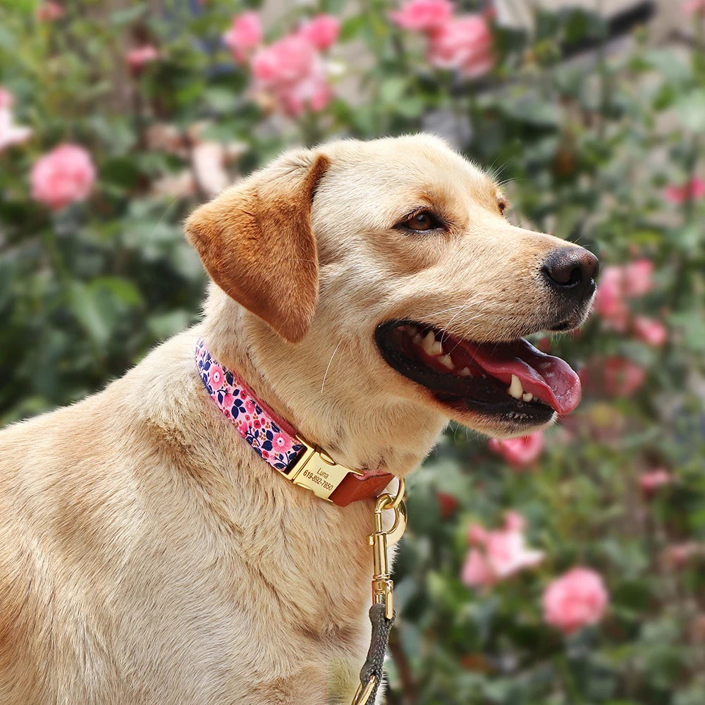 Custom Engraved Adjustable Dog Collar - Flower Print for All Sizes