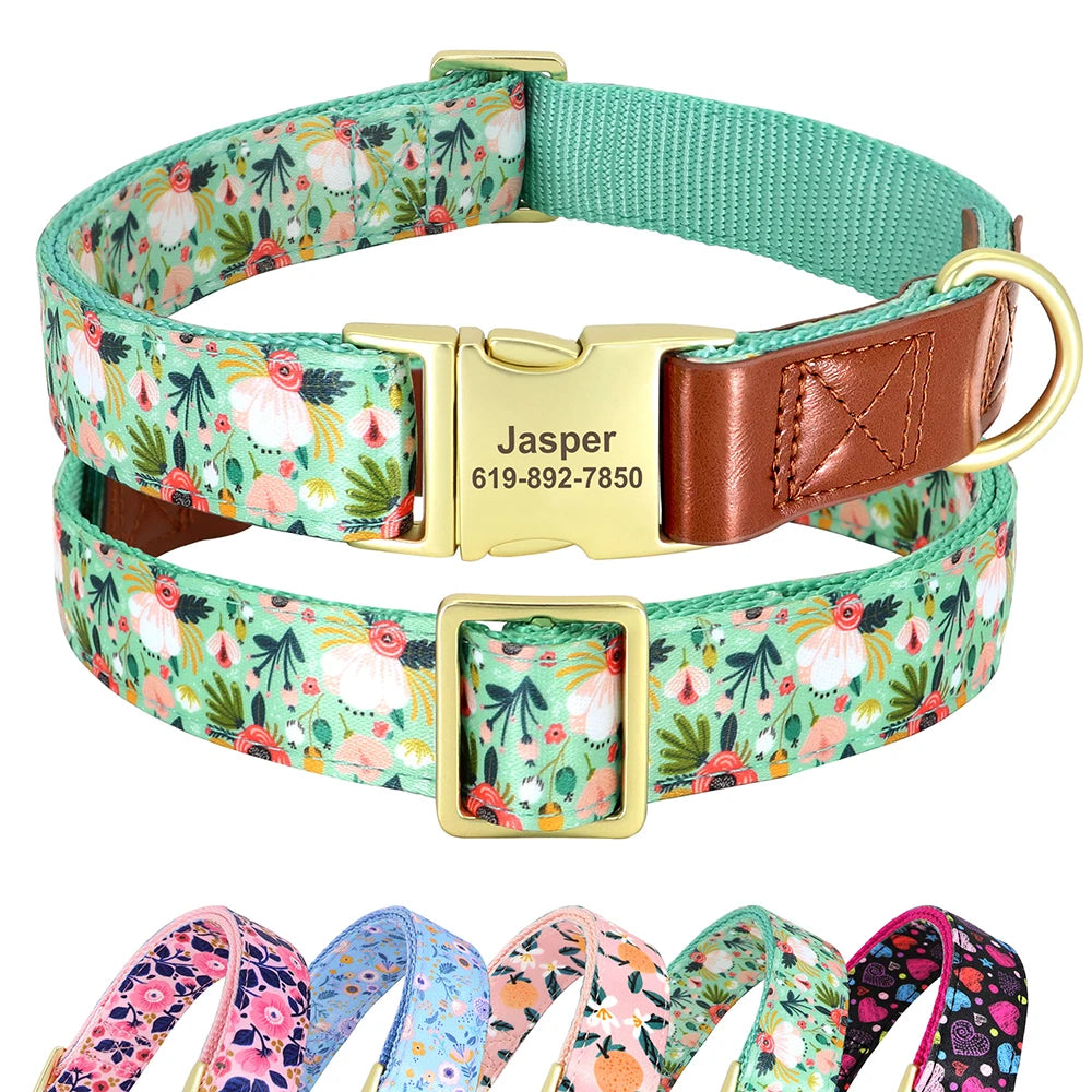 Custom Engraved Adjustable Dog Collar - Flower Print for All Sizes